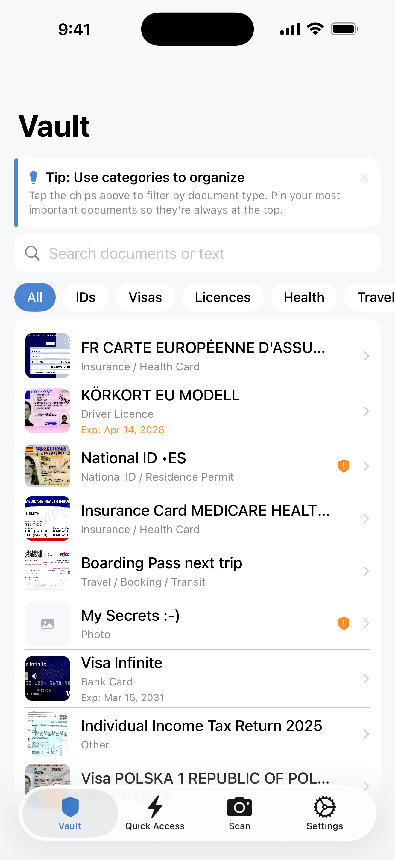 Encrypted document vault with organized IDs, passports, and cards