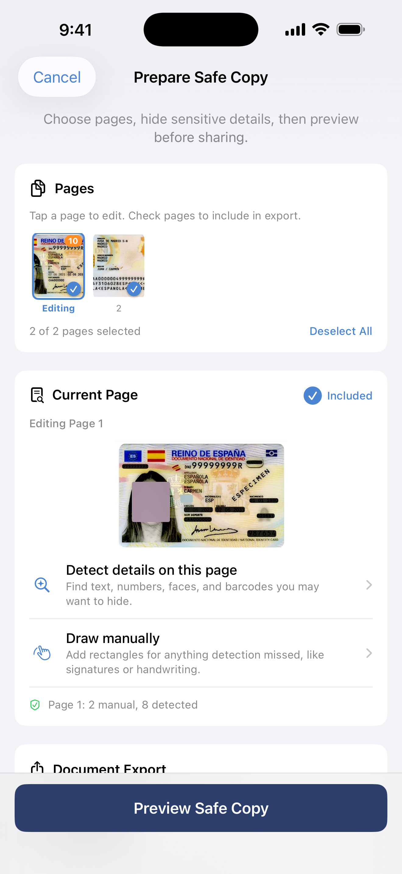 Auto-detection of sensitive fields on a Spanish national ID