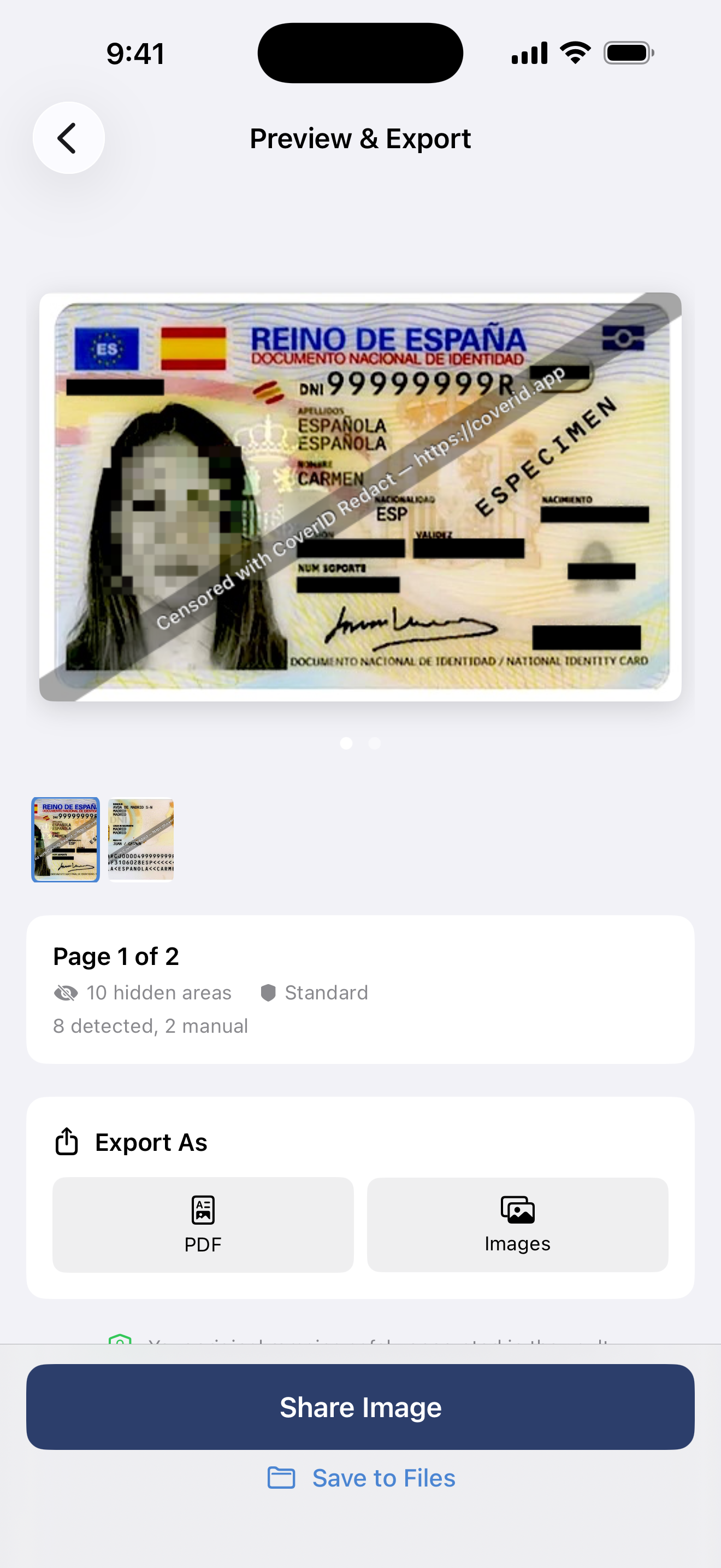 Redacted ID ready to export with blurred fields and purpose banner